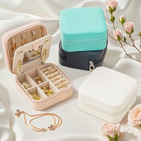 Resim 1 adet CASEGRACE Klasik Mini Seyahat Mücevheri Düzenleyici, Ayna ile, 3 Katmanlı Fermuarlı Depolama Kutusu, Kumaş İç Mekan, Evrensel Durumlar, Masaüstü Montaj, Suni Deri Malzeme, Elektrik Gerektirmez, Mücevher Kutuları 