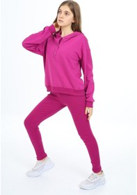 Resim Toontoy Kids Toontoy Kız Çocuk 2'li Takım Baskılı Kapüşonlu Düşük Omuz Çıtçıtlı Sweatshirt & Basic Düz Tayt Mürdüm 