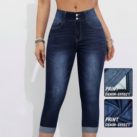Resim [Denim Baskı/Taklit Deniz] Kadın Slim Fit Takım Kot Capri Pantolon, Yazlık Mavi Desenli Tayt - Non-denier kumaş 