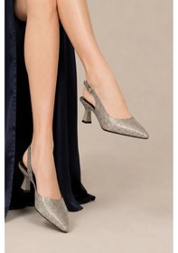 Resim Sovenso Lurezza Suni Deri Tül Detaylı Platin Sivri Burunlu Stiletto 