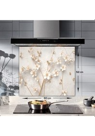 Resim Decorita Cam Ocak Arkası Koruyucu| Beyaz Çiçek-Gold | 52cm x 60cm 