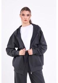 Resim Mmetalic Kadın Antrasit Normal Kalıp Basic Beli Lastikli Kapüşonlu Oversize Mevsimlik Alt Üst Eşofman Takımı Antrasit 