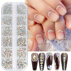 Resim 12 Parça Izgara Seti Tırnak Sanatı Yapay Elmas Seti, Düz Arka Çok Renkli AB Kristal Taşlar, Kokusuz 3D Tırnak Süslemeleri DIY Manikür Aksesuarları 