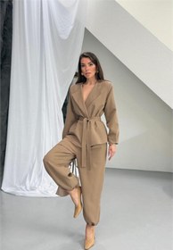 Resim Neşeli Butik vizon kahverengi kuşak detaylı oversize şalvar pantolon blazer ceket takım NBNP023 