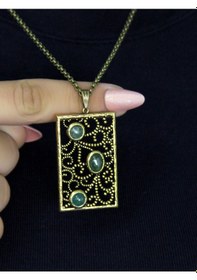 Resim Doğal Taş Yeşil Akik 3'lü Doğal Taşlı Antik Kadın Kolye Euk45ya Yeşil 