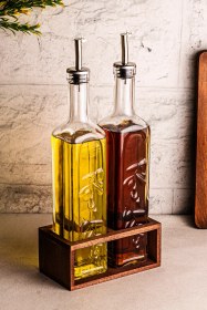 Resim Snippy Olea - 2'li Ahşap Yüksek Standlı Cam Zeytinyağı Şişesi Yağlık Damlatmaz Yağlık Sirkelik 500ml Ahşap 