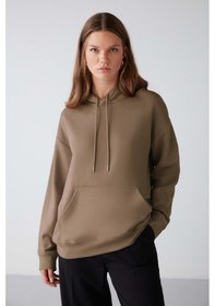 Resim Grimelange Adel Kadın Organik Pamuklu Içi Polarlı Yumuşacık Relaxed Kanguru Cepli Kapüşonlu Vizon Sweatshirt 