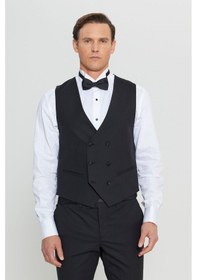 Resim AC&Co / Altınyıldız Classics Erkek Sıyah Yünlü Slim Fit Dar Kesim Çıkma Kırlangıç Yaka Cepli Yelekli Damatlık Smokin Takım Siyah 