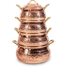 Resim Bakır Nakışlı 4'lü Güveç Tencere Seti 