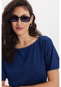 Resim Tudors Kadın Slim Fit Dar Kesim Kısa Kollu Kayık Yaka Lacivert Tişört-50566 