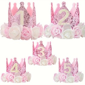 Resim 1, 2, 3, 4, 5 Yaş İçin Pembe ve Beyaz Çiçekli ve Pembe Payetli Keçe Doğum Günü Partisi Taç Şapkası 
