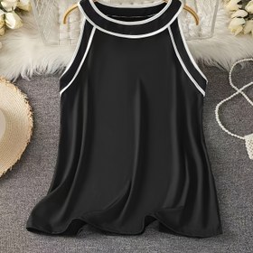 Resim Plus Beden Kadınlar için Rahat Kolsuz Tank Top - Esnek Yuvarlak Yaka Yazlık Üst, Makinede Yıkanabilir Siyah & Beyaz Kenar Tasarımlı İlkbahar/Yaz Giyim, Bayan Atletler, Konforlu Kalıp 