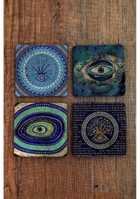 Resim Doğal Taş Bardak Altlığı Uv Baskılı 4'lü Set Nazar - Stone Coasters Çok Renkli 
