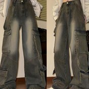 Resim Çok Cepli ve Geniş Paça Tasarımlı Yeni Amerikan Yüksek Sokak Retro İş Giyim Kot Pantolonları Kadınlar İçin 