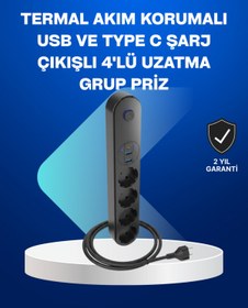 Resim ZERO LAND SPTRNS Akıllı Akım Dengelemeli 4’lü Çoklu Priz Type-C ve (211919) USB Çıkışlı 