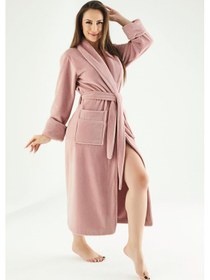 Resim Uzun Şalyaka Triga Bambu Cotton Bayan Bornoz Pudra 