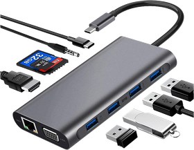 Resim DAYTONA FC31 Type-C Usb-C To 4 Usb 3.0 HDMI VGA RJ45 Pd Aux Sd 11 in 1 Çevirici Gri 