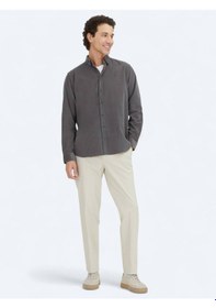 Resim Gri Çizgili Regular Fit Dokuma Kadife Casual %100 Pamuk Gömlek Gri 