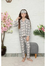 Resim Kız Çocuk Gri Tavşan Desenli Uzun Kollu Pijama Takımı. Göz Bandı Dahildir. Gri - Beyaz 