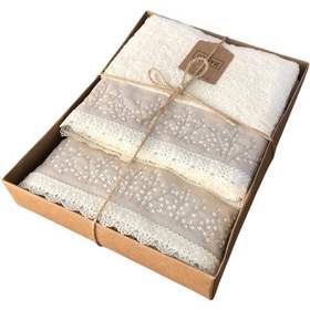 Resim Arliva 2 Li %100 Pamuk Naturel Dantelli Nakışlı Banyo Havlu Seti Krem Diğer 