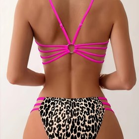 Resim Şık Leopar Desenli Yeni Bikini Takımı, Seksi Sırt Açık Plaj Kıyafeti Tatil Seti 