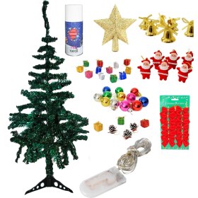 Resim Pazariz Gür Dallı Yılbaşı Çam Ağacı 120 cm 56 Süslü LED Işıklı ve Kar Spreyi Hediyeli Set 