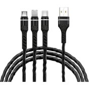 Resim Moveevo 1.2m Siyah 3'ü Bir Arada Usb Şarj Kablosu - Lightning/type-c/micro Usb Uçları, 3a Hızlı Şarj, Dayanıklı Bakır İletken 