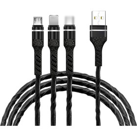 Resim Moveevo 1.2m Siyah 3'ü Bir Arada Usb Şarj Kablosu - Lightning/type-c/micro Usb Uçları, 3a Hızlı Şarj, Dayanıklı Bakır İletken 