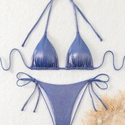 Resim Kadın Modası Klasik Bağlamalı Sırt Dekolteli Bikini Mayo Seti - Polyester Örgü Kumaş, Yüksek Esneklik, Düz Renk, Bağcıklı, 200 g/m² 