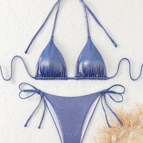 Resim Kadın Modası Klasik Bağlamalı Sırt Dekolteli Bikini Mayo Seti - Polyester Örgü Kumaş, Yüksek Esneklik, Düz Renk, Bağcıklı, 200 g/m² 