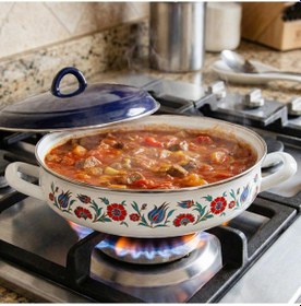 Resim Serenk 26 Cm Emaye Bombeli Sığ Tencere Beyaz - Mavi 