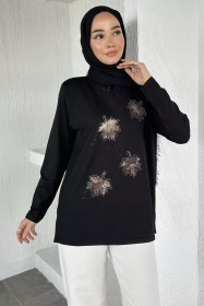 Resim Taşlı Tesettür Anne Penye Bluz Siyah TZL-P-00021462 