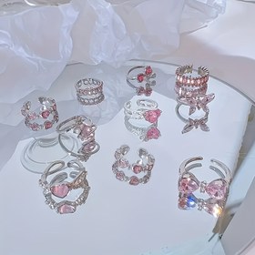 Resim 5 Parça Şık Parlak Yapay Kristal Kalp Fiyonk Yüzük Seti, Zarif Günlük Kadın Takısı – Sevgililer Günü ve Yeni Yıl İçin Mükemmel Hediye, Aile & Arkadaşlar için Her Mevsim Aksesuar (Yüzük Stilleri Çeşitli) 