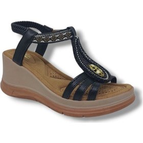 Resim İzlife 137 Kadın Siyah Lastikli Taşlı Tokalı Dolgu Taban Sandalet Ayakkabı Siyah 