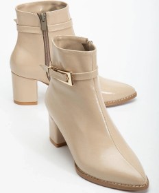 Resim Bej Kadın Topuklu Bot Kırışık Rugan Sivri Kalıp Tan Tokalı-4231 Bej 