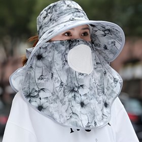Resim Kadınların Yaz Şapkası - Maske ile, Nefes Alabilen Polyester, Geniş Kenar, Bisiklet ve Açık Hava Aktiviteleri için İdeal, Hafif, Elde Yıkan, Açık Hava Sporları Şapkası | Çiçek Desenli Şapka | Bağcıklı Kapanış 