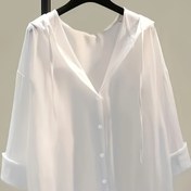 Resim Kadınlar için hafif kolsuz düğmeli gömlek, başlıkla - Bahar ve Yaz için rahat V-Neck uzun kollu üst, plaj gezileri ve hafta sonu giyimi için mükemmel, plaj kapak gömleği | Çok yönlü rahat giyim | Polyester Kumaş 