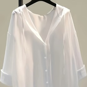 Resim Kadınlar için hafif kolsuz düğmeli gömlek, başlıkla - Bahar ve Yaz için rahat V-Neck uzun kollu üst, plaj gezileri ve hafta sonu giyimi için mükemmel, plaj kapak gömleği | Çok yönlü rahat giyim | Polyester Kumaş 