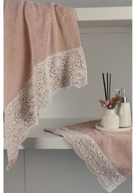Resim Gipür Dantelli Banyo Havlusu Takımı-%100 Pamuk Banyo Seti-gelin Havlusu Gulkurusu Gül Kurusu 