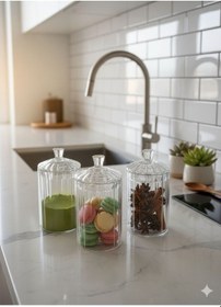 Resim Morponi 3'lü Borosilikat Cam Optik Çizgili Papatya Kavanoz 350 Ml Şeffaf 