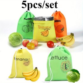 Resim 5 adet Yeniden Kullanılabilir Meyve ve Sebze Saklama Çantaları - Dayanıklı Polyester Kare Çantalar (Brokoli, Muz, Domates) ile Canlı Renk Kodlama Etiketleri - Mutfak ve Market Saklama Çözümü, Taze Tasarım, Gıda Sınıfı Malzeme, İllüstrasyon Etiketi, Mutfak Düzenleyici, Renkli Etiketler, Sağlam Yapı, Yemek Hazırlama Düzenleyici 