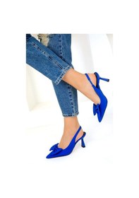 Resim Feles Kurdela Detaylı Arkası Açık Stiletto Kadın Topuklu Ayakkabı MAVİ 