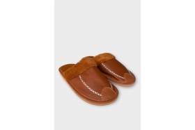 Resim Liger Deri Görünümlü Kürklü Erkek Ev Terliği Taba 