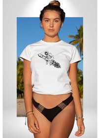 Resim Roket Astronot Unisex Unisex Beyaz Organik Baskılı T-shirt Penye Yüksek Kalite Beyaz 