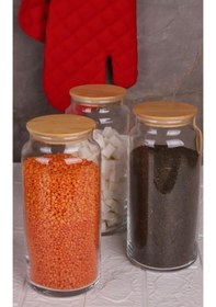 Resim Zone - 3'lü Cam Saklama Kabı 1300ml Vakumlu Bambu Kapaklı Ahşap - Şeffaf 