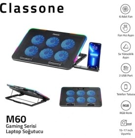 Resim Misda Store Gaming M60 Laptop Soğutucu, Notebook Stand,10 Rgb Işık Kontrolü, 15.6-17 Inch, Hız Kontrolü, 6 Büyük Fan,telefon Standı, 2 USB 