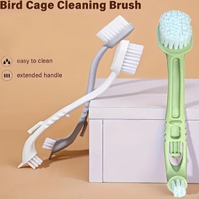 Resim Papağan Kafesleri ve Köpek Kulübeleri İçin Tasarlanmış, İki Fırça Başlığı ve Uzun Saplı Bir Alet Olan Kuş Kafesi Temizleyici. 