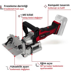 Resim Einhell Akülü Yassı Dübel Frezesi TE-BJ 18 Li-Solo Power X-Change (18 V, Li-Ion, Kademesiz Açı/Yükseklik Ayarı, 6 Kademeli Derinlik Ayarı, Akü ve Şarj Cihazı Dahil Değildir) - 4350630 