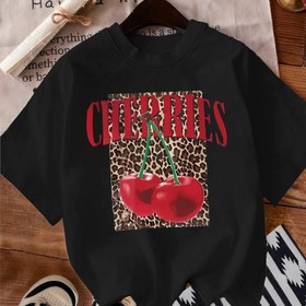 Resim Kadınlar için Rahat "Kirazlar" Grafikli Tişört - Kırmızı Kiraz Baskılı Siyah Kısa Kollu Yuvarlak Yaka Tişört, Polyester, Tüm Sezon Giyim, Rahat Giyim | Şakacı Baskılı Üst | Örgü Yapımı, Kiraz Tişörtü 