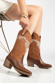 Resim MS SUGAR SHOES Kadın Vegan Deri Süet Beyaz Nakışlı Floral Çiçek Detaylı Nakışlı Western Kovboy Bot Çizme 